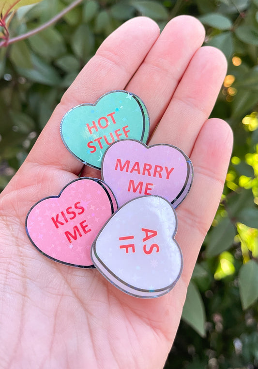 Set of 12 Love Candy Heart Stickers- Valentine's Hearts - Valentine's Gifts - Holographic - Bookish Stickers