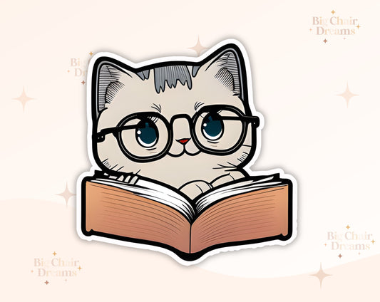 Gray Cat Reading a Book Sticker