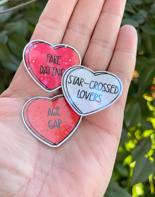 Book Trope Candy Heart Stickers Set - Valentine's Hearts Stickers - Valentine's Gifts - Booktok - Holographic