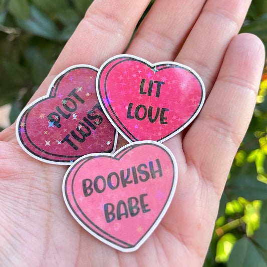 Cute Bookish Candy Heart Stickers Set - Valentine's Hearts Stickers - Valentine's Gifts - Booktok - Holographic